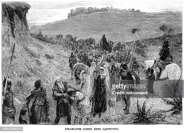 old engraved illustration of israelites going into captivity - prayer book stock pictures, royalty-free photos & images
