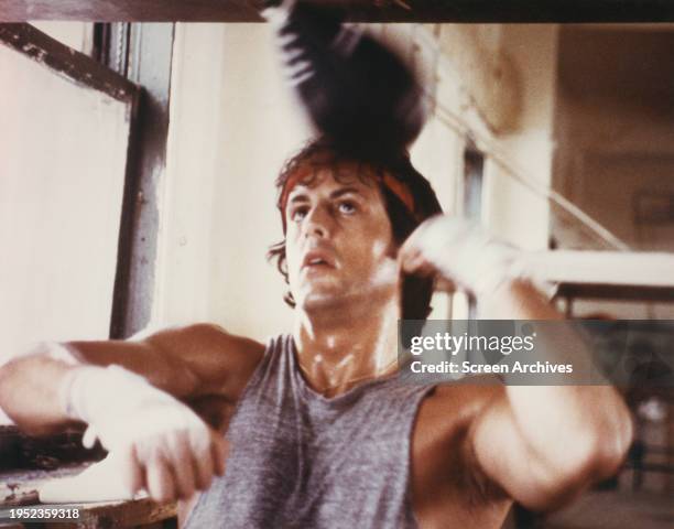 Sylvester Stallone as boxer Rocky Balboa trains with punchbag in the 1976 film 'Rocky '.