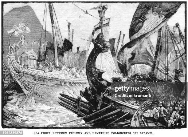 old engraved illustration of the the naval battle of salamis in 306 bc of salamis, cyprus between the fleets, complete victory for demetrius, who destroyed or captured much of ptolemy's fleet and army, and captured cyprus - armed forces rank stock pictures, royalty-free photos & images