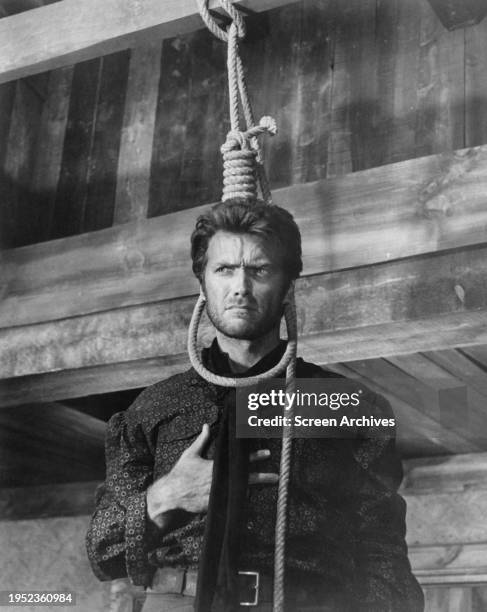 Clint Eastwood with noose around his neck in a scene from Sergio Leone's 1966 'Spaghetti' western 'The Good, The Bad and The Ugly'.