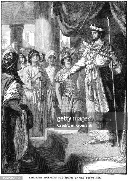 old engraved illustration of rehoboam (according to the hebrew bible, the first monarch of the kingdom of judah after the split of the united kingdom of israel) accepting the advice of the young men - foreign language stock pictures, royalty-free photos & images