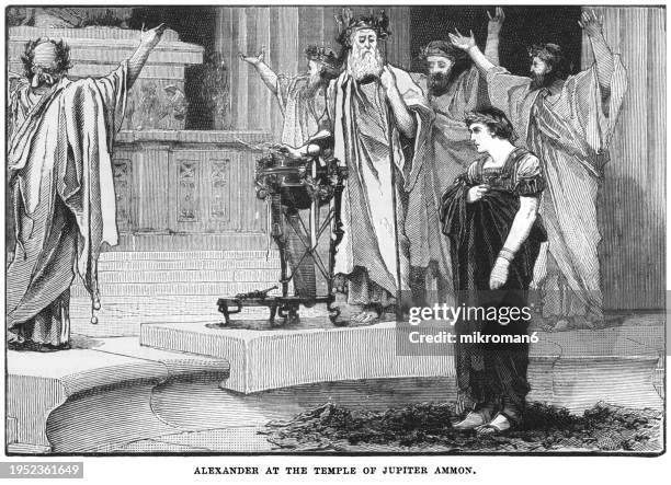 old engraved illustration of alexander the great at the temple of jupiter ammon - ancient greece photos stock pictures, royalty-free photos & images