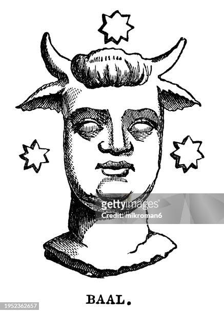 old engraved illustration of baal, god of fertility, prince, lord of the earth. he was also called the lord of rain and dew, the two forms of moisture that were indispensable for fertile soil in canaan - gods baal stock pictures, royalty-free photos & images