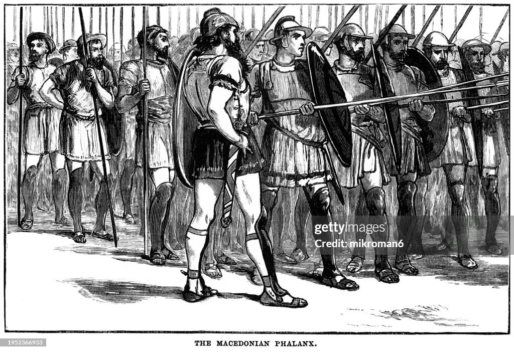 Old engraved illustration of the Macedonian phalanx, an infantry formation from the classical Greek phalanx, of which the main innovation was the use of the sarissa, a 6-metre pike