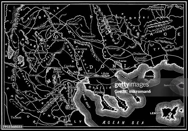 old engraved map of macedonia also called macedon, an ancient kingdom on the periphery of archaic and classical greece, which later became the dominant state of hellenistic greece - map of aegean sea stock pictures, royalty-free photos & images