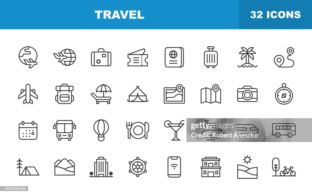 Iconos de líneas de viaje. Trazo editable. Contiene iconos como Transporte, Camping, Vuelo, Senderismo, Hotel, Mapa, Aire libre, Restaurantes, Vacaciones, Turista.