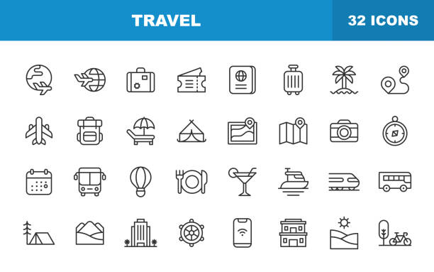 travel line icons. editable stroke. contains such icons as transport, camping, flight, hiking, hotel, map, outdoors, dining, vacation, tourist. - beach stock illustrations