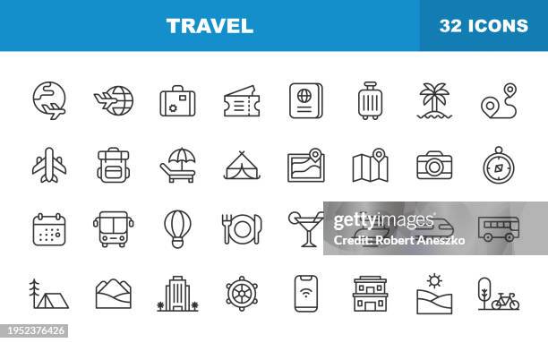 travel line icons. editable stroke. contains such icons as transport, camping, flight, hiking, hotel, map, outdoors, dining, vacation, tourist. - travel icons stock illustrations