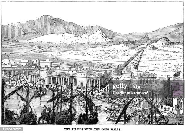 old engraved illustration of city piraeus, attica, greece - central greece stock pictures, royalty-free photos & images