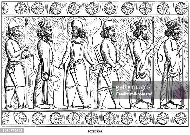old engraved illustration of ancient persian soldiers - king royal person stock pictures, royalty-free photos & images
