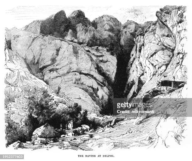 old engraved illustration of the ravine of delphi - central greece stock pictures, royalty-free photos & images
