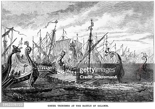 Old engraved illustration of the Battle of Salamis - naval battle fought between an alliance of Greek city-states under Themistocles and the Persian Empire under King Xerxes in 480 BC.