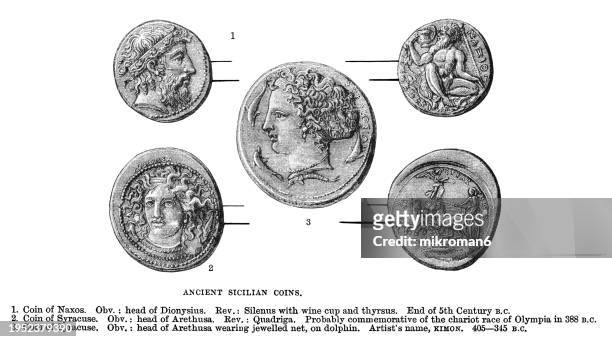 old engraved illustration of ancient sicilian coins (coin of naxos with head of dionysius and coin of syracuse with head of arethusa) - small group of people white background stock pictures, royalty-free photos & images