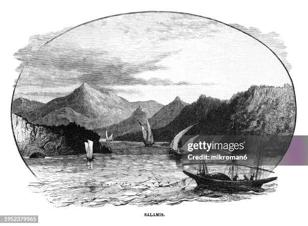 old engraved illustration of salamis, ancient greek city-state on the east coast of cyprus, at the mouth of the river pedieos - river logo stock pictures, royalty-free photos & images
