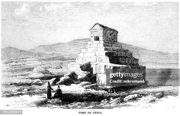 old engraved illustration of the tomb of cyrus, the final resting place of cyrus the great, the founder of the ancient achaemenid empire (mausoleum is located in pasargadae, an archaeological site in the fars province of iran) - king royal person stock pictures, royalty-free photos & images