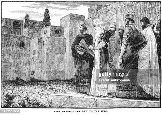 old engraved illustration of ezra reading the law to the jews - prayer book stock pictures, royalty-free photos & images