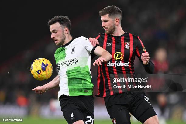 Diogo Jota of Liverpool is challenged by Chris Mepham of Bournemouth during the Premier League match between AFC Bournemouth and Liverpool FC at...