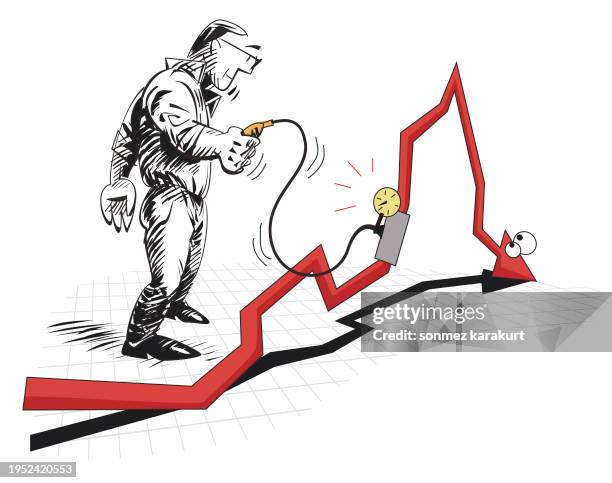 investor measures the blood pressure of the falling chart - low blood pressure cartoon stock illustrations