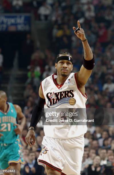Allen Iverson of the Philadelphia 76ers ignites the crowd in Game one of the Eastern Conference Quarterfinals of the 2003 NBA Playoffs against the...