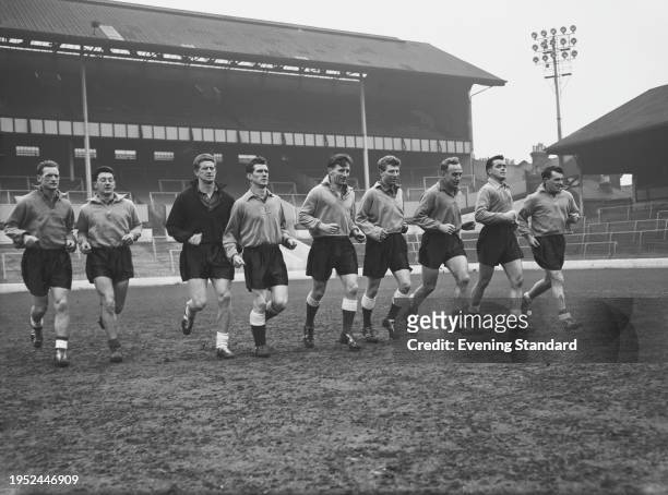 The England national football team during training at Highbury stadium in London, April 3rd 1957. They were training ahead of a match against...