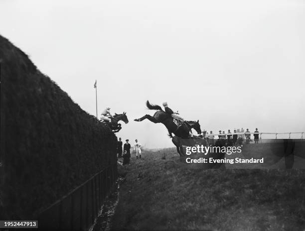 Racehorse Athenian, ridden by jockey Derek Ancil, falls at the 25th fence during the 1957 Grand National at Aintree racecourse, Liverpool, March 29th...