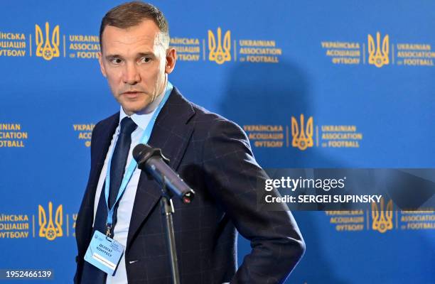 Newly elected President of the Ukrainian Association of Football and former player Andriy Shevchenko speaks to media in Kyiv on January 25, 2024....