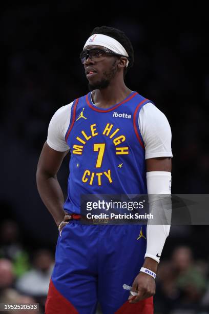 Reggie Jackson of the Denver Nuggets in action against the Washington Wizards at Capital One Arena on January 21, 2024 in Washington, DC. NOTE TO...