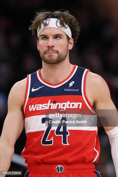 Corey Kispert of the Washington Wizards looks on against the Denver Nuggets during the second half at Capital One Arena on January 21, 2024 in...