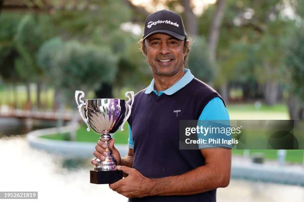 Jyoti Randhawa of India poses with the trophy during Day Four of Legends Tour Q-School - Final Stage 2024 at Gloria Golf Club on January 22, 2024 in...