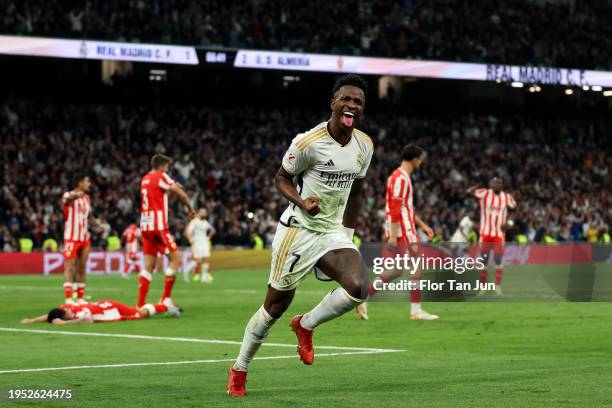 Vinicius Junior of Real Madrid celebrates after scoring his team's second goal during the LaLiga EA Sports match between Real Madrid CF and UD...