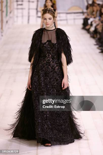 Model walks the runway during the Christian Dior Haute Couture Spring/Summer 2024 show as part of Paris Fashion Week on January 22, 2024 in Paris,...