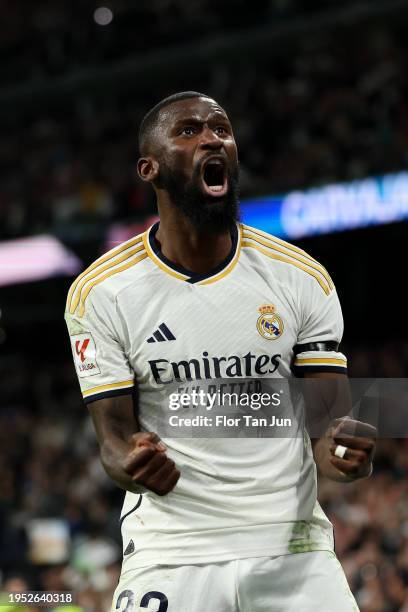 Antonio Ruediger of Real Madrid celebrates after Daniel Carvajal of Real Madrid scores the teams third goal during the LaLiga EA Sports match between...