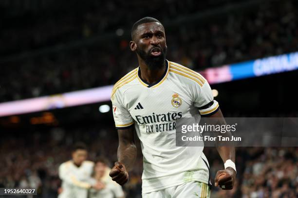 Antonio Ruediger of Real Madrid celebrates after Daniel Carvajal of Real Madrid scores the teams third goal during the LaLiga EA Sports match between...