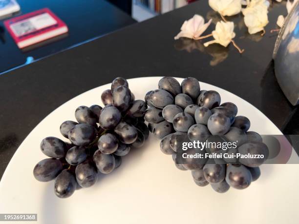 raisin noir in a white plate - raisin noir stock-fotos und bilder