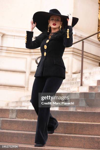 Actress Bella Thorne attends the Schiaparelli Haute Couture Spring/Summer 2024 show as part of Paris Fashion Week on January 22, 2024 in Paris,...