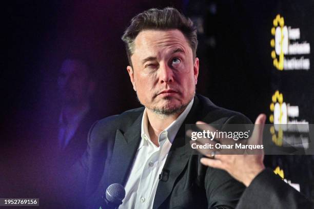 SpaceX, X , and Tesla CEO Elon Musk speaks during live interview with Ben Shapiro at the symposium on fighting antisemitism on January 22, 2024 in...