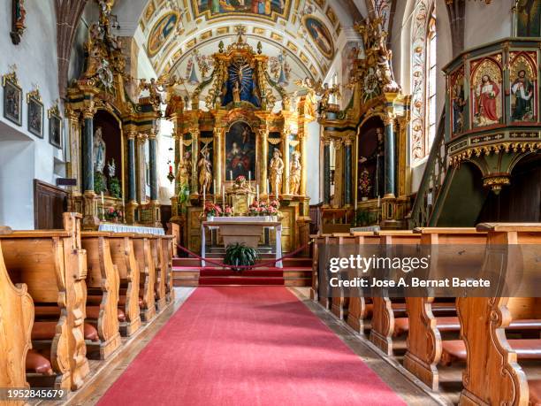 interior of the church of saint magdalene with typical architecture of the dolomite alps. - pulpit stock pictures, royalty-free photos & images