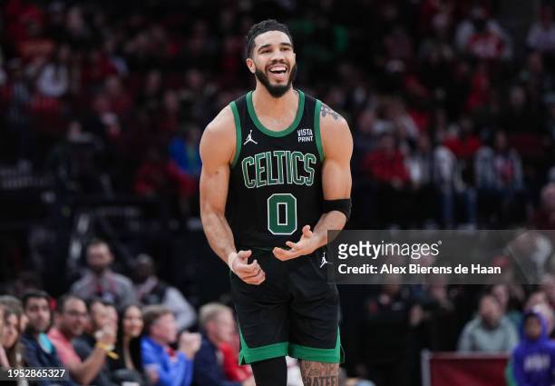 Jayson Tatum of the Boston Celtics reacts to a call during the game against the Houston Rockets at Toyota Center on January 21, 2024 in Houston,...