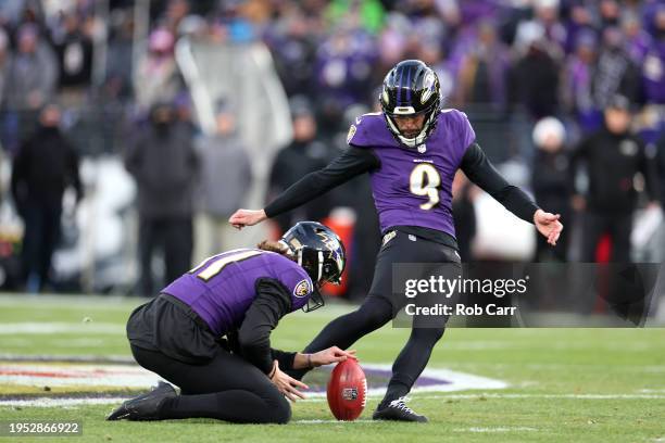 Place kicker Justin Tucker of the Baltimore Ravens kicks a first half field goal against the Houston Texans during the AFC Divisional Playoff game at...