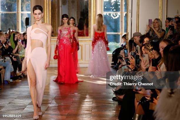 Model walks the runway during the Georges Hobeika Haute Couture Spring/Summer 2024 show as part of Paris Fashion Week on January 22, 2024 in Paris,...