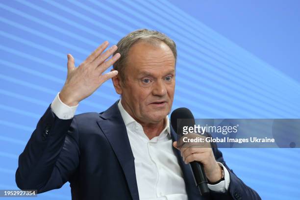 Prime Minister of Poland Donald Tusk speaks during the meeting with students in the premises of the National University of Kyiv-Mohyla Academy on...