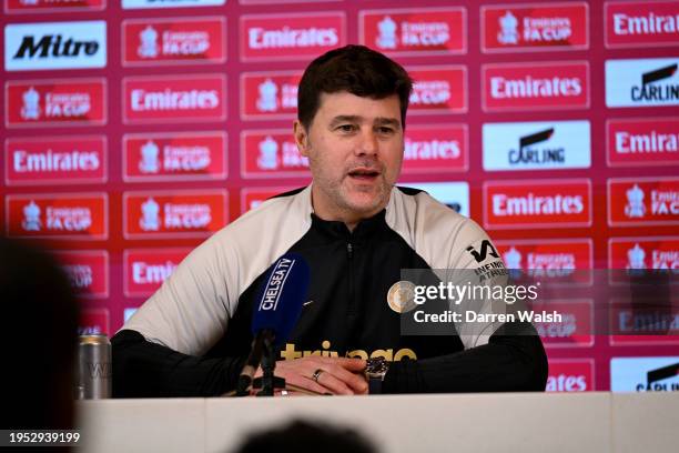 Head Coach Mauricio Pochettino of Chelsea during a press conference at Chelsea Training Ground on January 25, 2024 in Cobham, England.