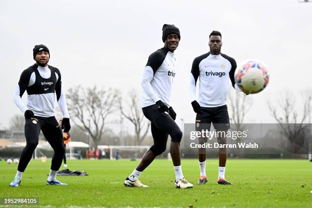 Trevoh Chalobah of Chelsea during a training session at Chelsea Training Ground on January 25, 2024 in Cobham, England.