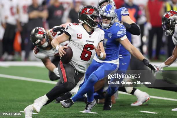 Baker Mayfield of the Tampa Bay Buccaneers plays against the Detroit Lions during a NFC Divisional Playoff game at Ford Field on January 21, 2024 in...