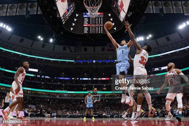 Scotty Pippen Jr. #1 of the Memphis Grizzlies controls the ball against the Chicago Bulls on January 20, 2024 at United Center in Chicago, Illinois....