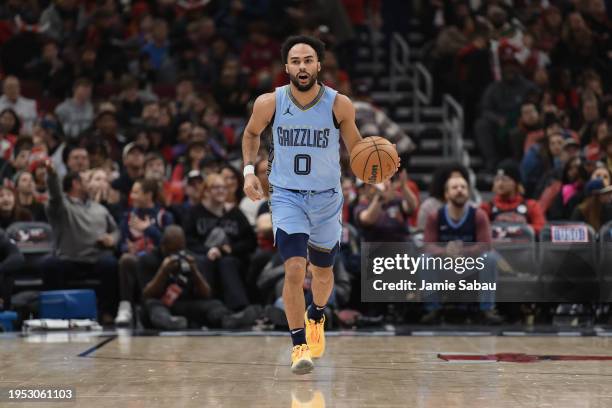 Jacob Gilyard of the Memphis Grizzlies controls the ball against the Chicago Bulls on January 20, 2024 at United Center in Chicago, Illinois. NOTE TO...