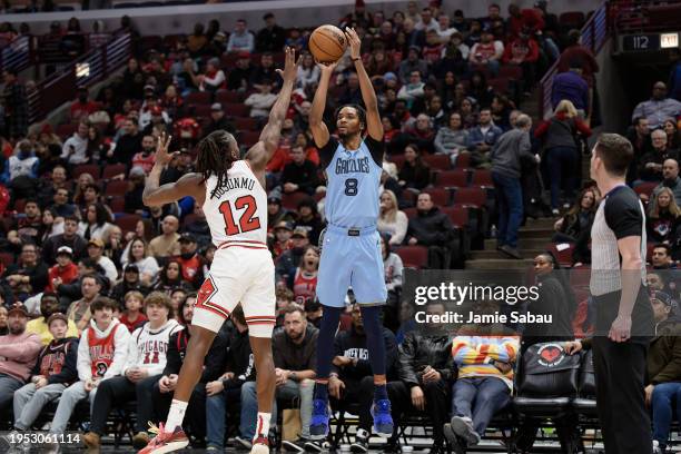 Ziaire Williams of the Memphis Grizzlies controls the ball against the Chicago Bulls on January 20, 2024 at United Center in Chicago, Illinois. NOTE...