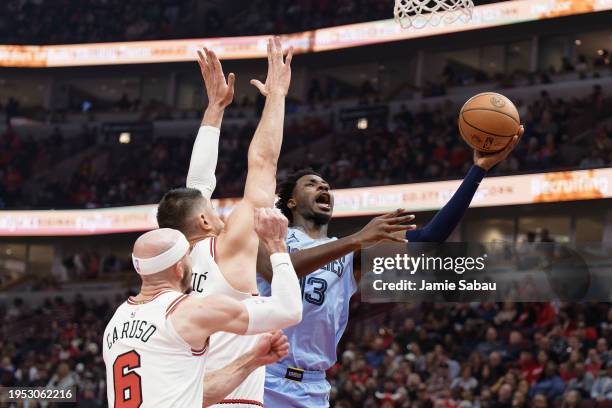 Jaren Jackson Jr. #13 of the Memphis Grizzlies controls the ball against the Chicago Bulls on January 20, 2024 at United Center in Chicago, Illinois....