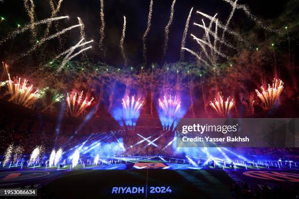 General view of a pyrotechnic display inside the stadium prior to kick-off ahead of the Italian EA Sports FC Supercup Final match between SSC Napoli...
