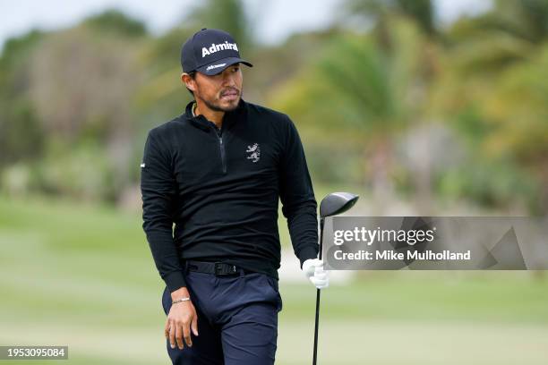 Satoshi Kodaira of Japan reacts to a tee shot on the 14th hole during the second round of The Bahamas Great Abaco Classic at The Abaco Cub on January...